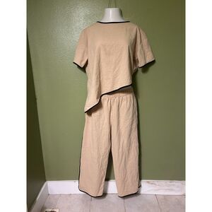 Womens Beige Asymmetrical Top Wide Leg Pants 2 Pc Set Contrast Trim 2X Travel